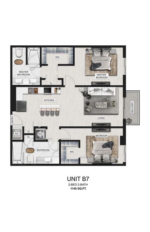 Floor plan for 2 beds, 2 baths, 1145 sqft
